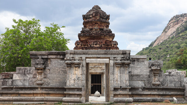 Ancient Dravidian stone temple ruins inside Chandragiri Fort near Tirupati, Andhra Pradesh, India.