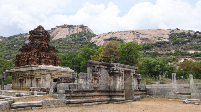 Ancient Dravidian stone temple ruins inside Chandragiri Fort near Tirupati, Andhra Pradesh, India.