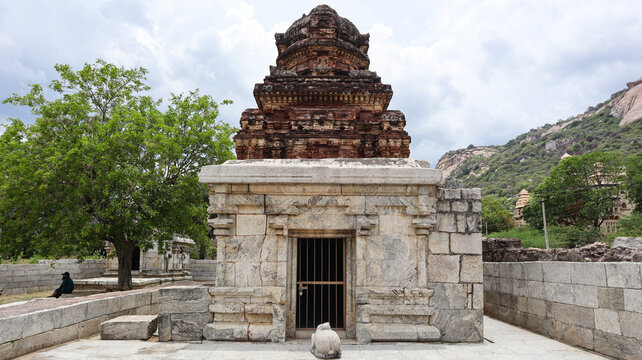 Ancient Dravidian stone temple ruins inside Chandragiri Fort near Tirupati, Andhra Pradesh, India.