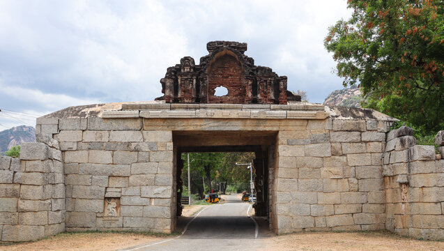 Ancient Dravidian stone temple ruins inside Chandragiri Fort near Tirupati, Andhra Pradesh, India.