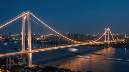 Fototapeta premium Illuminated suspension bridge over river at night with city skyline