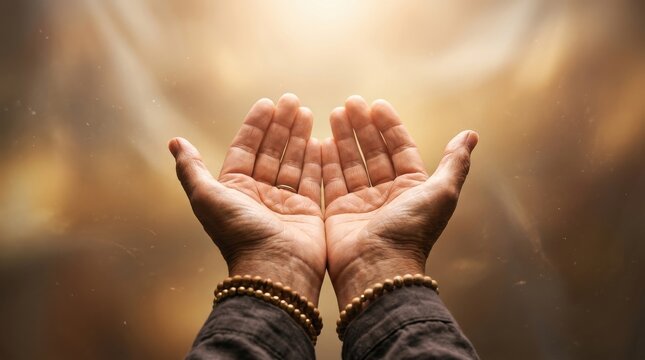 Close up view of human hands raised up open in prayer or supplication surrounded by glowing warm divine light representing faith spirituality and hope