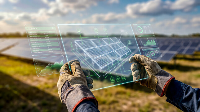 Engineer's hand in work gloves holding a glowing holographic solar panel blueprint, technical specification UI floating in the air, green and white color scheme, outdoor field with solar farm.