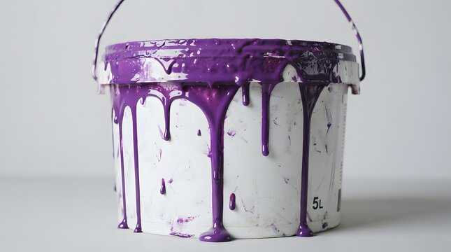 A white plastic bucket filled with vibrant purple paint dripping down the sides isolated on white background