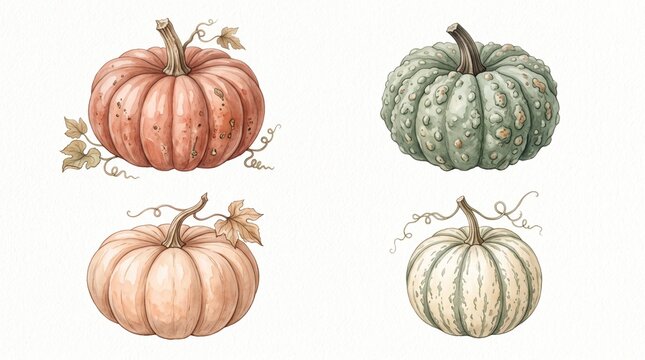 Set of four hand painted watercolor pumpkins isolated on a white background for autumn design