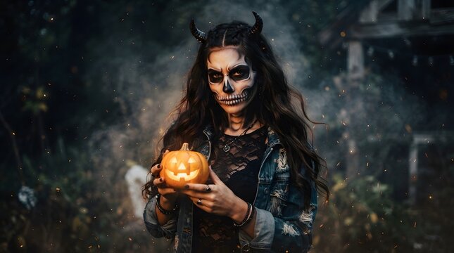 Woman with devil horns and skull makeup holding a glowing jackolantern in a dark, mysterious forest setting for halloween