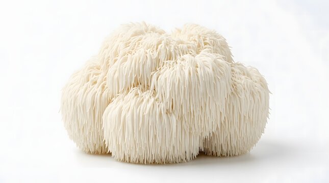A fresh Lion's Mane mushroom with its distinctive shaggy white spines photographed on a plain white background.