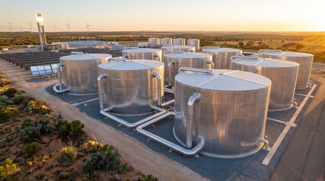 Solar energy facility with thermal storage tanks and wind turbines