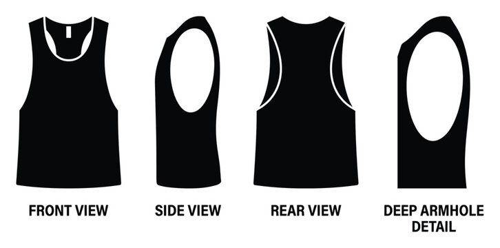 Black tank top with deep armhole detail shown from front side and rear views for athletic wear design.