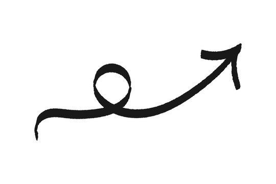 Hand drawn arrow with a loop, doodle style sketch, black ink stroke isolated on transparent background