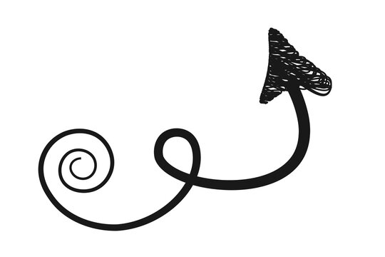 Hand drawn doodle arrow with a spiral tail and scribbled arrowhead isolated on transparent background