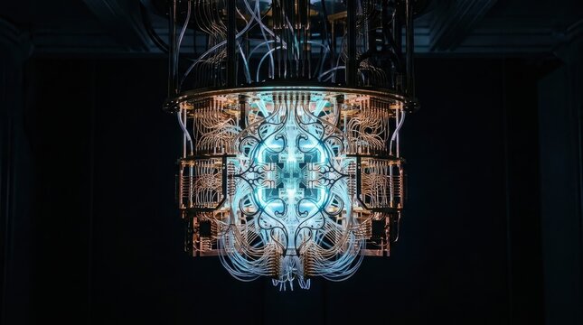 Quantum computer processor with glowing blue cryogenic hardware system