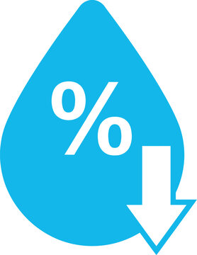Water drop icon with percentage symbol and down arrow percentage sign water reduction