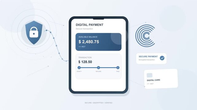 Vector illustration of secure mobile banking app interface on a tablet screen showing electronic money transfer and transaction security