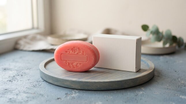 Artisanal pink bar soap and white packaging box on a modern concrete tray, showcasing natural skincare and hygiene