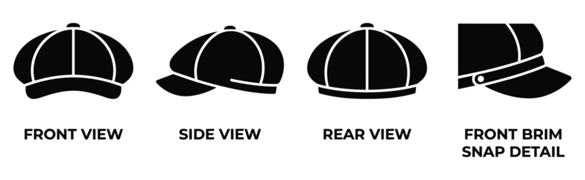 Flat cap with front brim snap detail shown from front side and rear views for headwear accessory design.