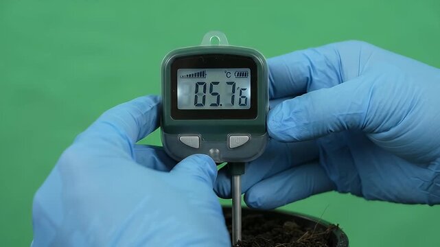 Digital soil moisture meter held by gloved hands, electronic ground temperature probe testing potting dirt, professional agricultural sensor for plant health monitoring on green background