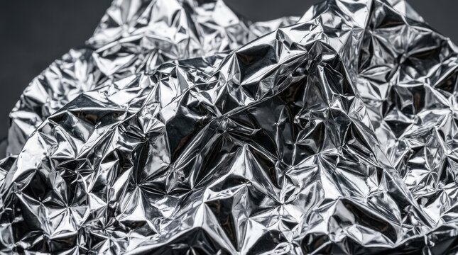 Crumpled aluminium foil texture abstract metallic background shiny silver surface close up macro photography reflective pattern design element