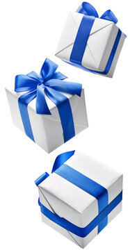 White color gift boxes with blue ribbon isolated