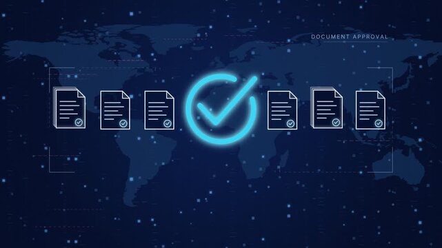Animated document approval with glowing blue check mark, verified file icons, five stars and world map, digital contract validation and compliance loop