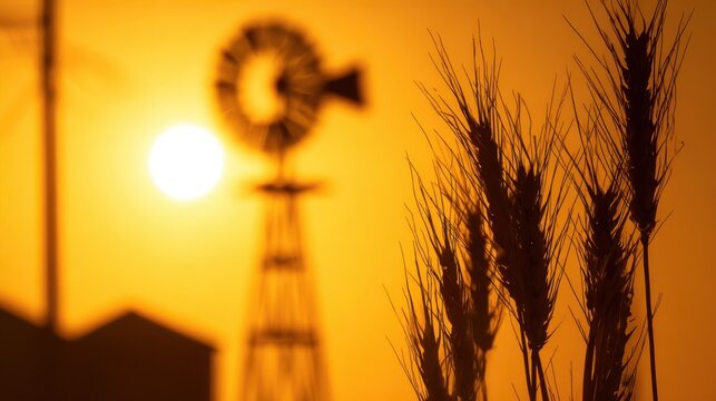 Silhouettes of wheat stalks and a windmill at sunset.