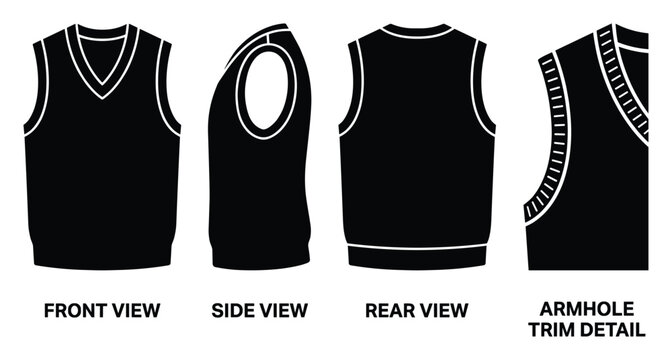 Sleeveless sweater vest front side rear view and armhole trim detail.
