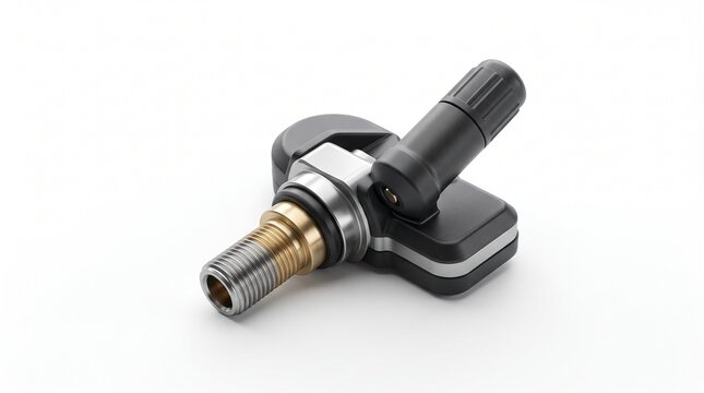 Automotive TPMS sensor for tire pressure monitoring, electronic car valve stem assembly, vehicle safety hardware on white background