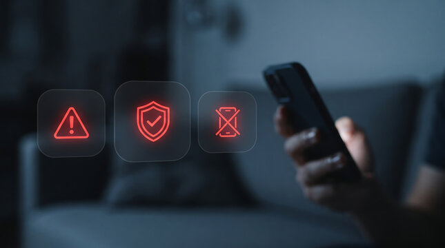 Hand Holding Smartphone with Security Icons Device Protection, Alert and Safety Concept