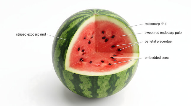 Educational diagram illustrating the internal botanical structure of a watermelon fruit. Labeled parts include the striped exocarp rind, mesocarp, sweet red endocarp pulp, parietal placentae, and e...