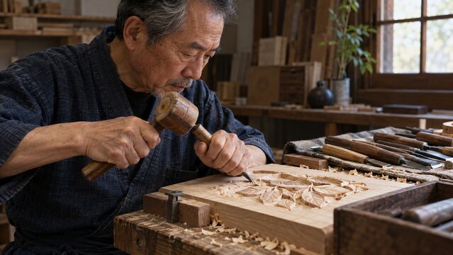 Japanese woodcarver shaping a floral wooden relief
