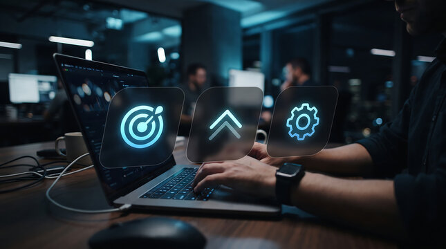 Hands Typing with Sync, Arrow and Gear Icons System Settings, Syncing and Configuration Concept