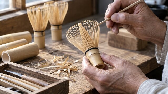 Japanese artisan shaping the fine tines of a bamboo tea whisk
