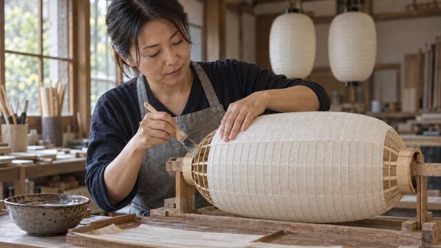 Japanese lantern maker applying washi to a bamboo frame