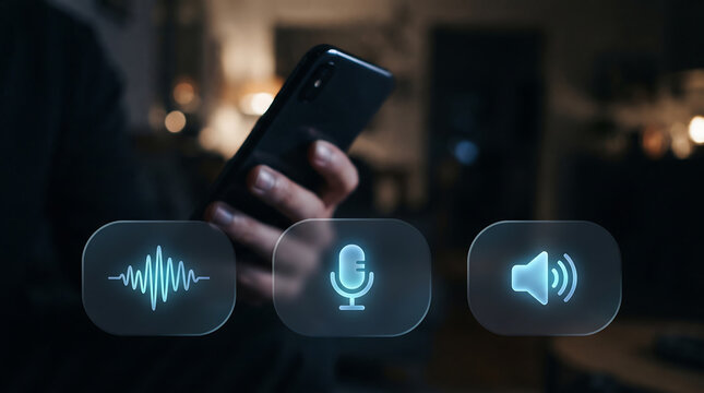 Hand Holding Smartphone with Audio Icons Sound, Voice Control and Audio Settings Concept