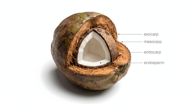 A detailed educational diagram illustrating the botanical cross-section structure of a coconut, clearly labeling the exocarp, mesocarp, endocarp, and white endosperm layers. Isolated on a white bac...