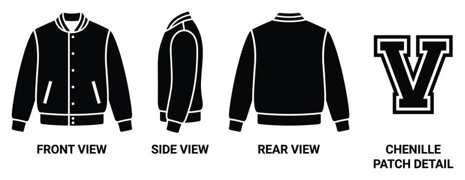 Varsity letterman jacket with chenille patch detail in front side and rear views.