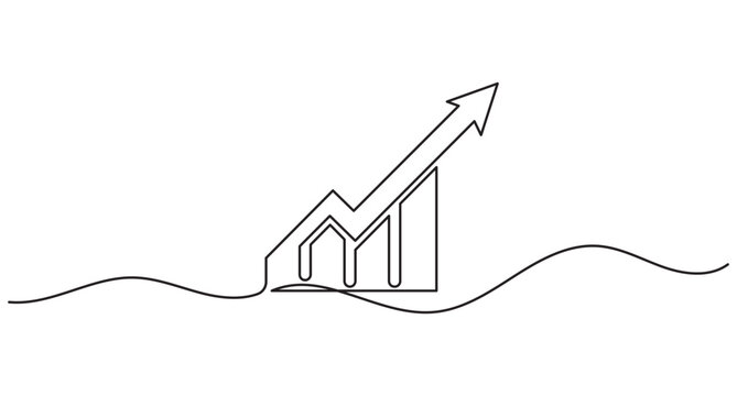 Growth chart continuous line art, single line business growth, financial success concept, editable stroke outline vector