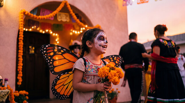 A laughing Middle Eastern girl child with sugar skull makeup in a butterfly costume celebrating Day of the Dead at an autumn fall October November festival for campaign.