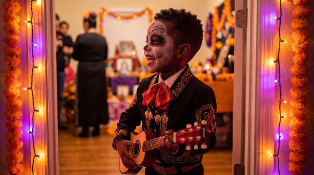 A laughing Black boy child with sugar skull makeup in a charro costume celebrating Day of the Dead at an autumn fall October November festival for stock.