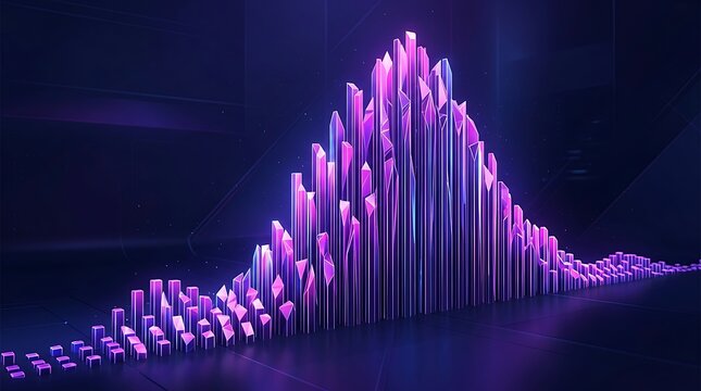 Glowing purple and blue 3d bar chart representing data peaks on a dark reflective surface