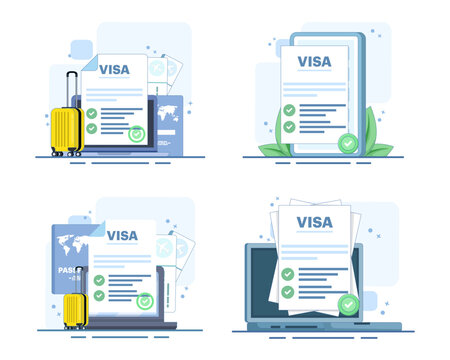 Electronic visa set showing approved online applications, digital travel documents, passport stamps and immigration authorization for international and digital nomad travel