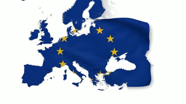 European union flag map animation: waving eu symbol over continental europe silhouette for political, economic, and global news concepts