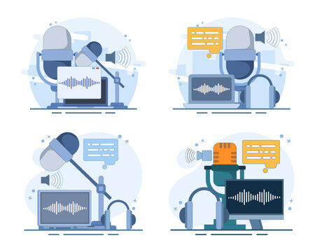 Podcast media set illustrating audio broadcasting, recording equipment, online radio, streaming content and digital communication for modern media projects