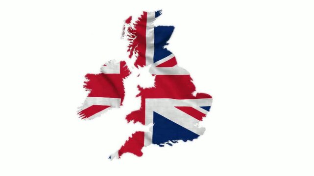 United kingdom map silhouette with waving union jack flag animation on white background, britain england