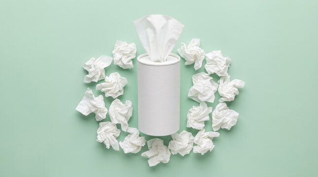 Cylinder tissue box container surrounded by scattered crumpled paper napkins on a solid green background top down flat lay view concept of cold flu