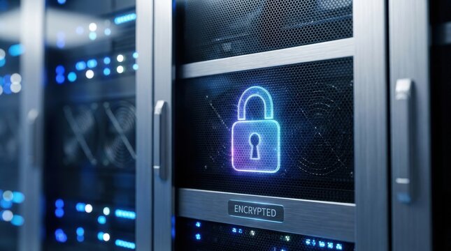Cyber security concept featuring a glowing digital padlock icon on a server rack enclosure symbolizing data protection encryption and secure network