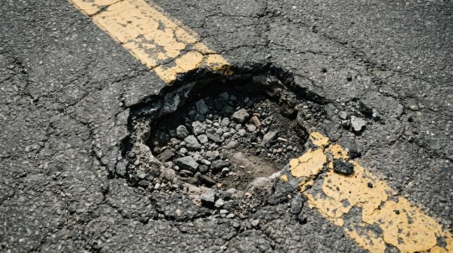 Dangerous deep pothole on damaged asphalt street with cracked surface and peeling yellow traffic lane line representing urban infrastructure decay