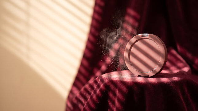 Compact powder case with rising dust particles on a velvet fabric background with window light shadows