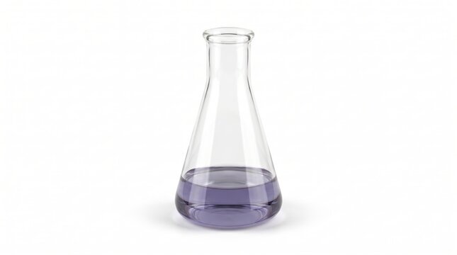 Clear glass erlenmeyer flask filled with purple liquid for science