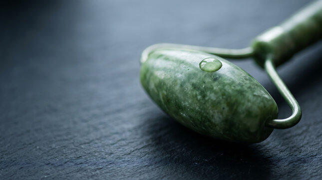 Green jade facial roller with a water drop on a dark textured surface